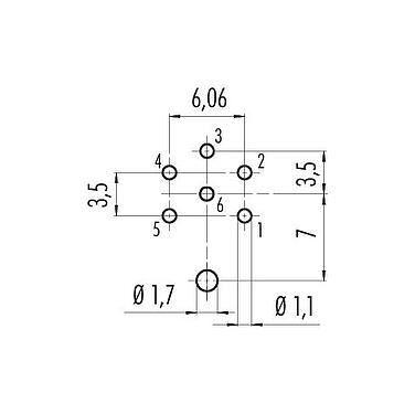 Leiterplattenlayout M16 Flanschstecker, Polzahl: 6 (06-a), schirmbar, THT, IP40, M18x0,75, Rückwandmontage