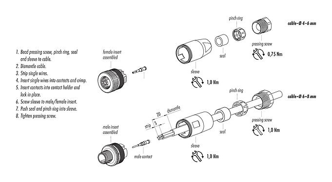 Instructions de montage M12 Connecteur mâle, Contacts: 4, 6,0-8,0 mm, non blindé, sertir (Les contacts à sertir doivent être commandés séparément), IP67, UL 2238