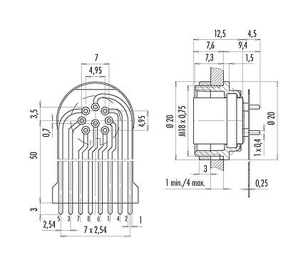 연결 및 치수
M16 플랜지 리셉터클, 콘택트 렌즈: 8 (08-a), 차폐되지 않음, THT, IP40, M18x0,75, 후면 월 마운팅