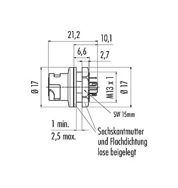 Maßzeichnung Bajonett Flanschdose, Polzahl: 5, ungeschirmt, löten, IP54 ungesteckt, M13x1,0, Frontmontage