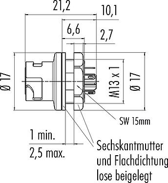 Maßzeichnung Bajonett Flanschdose, Polzahl: 5, ungeschirmt, löten, IP54 ungesteckt, M13x1,0, Frontmontage