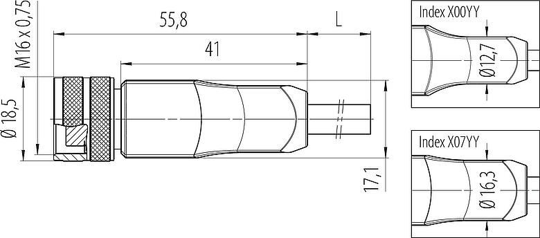 Maßzeichnung M16 Kabeldose, Polzahl: 12, ungeschirmt, am Kabel angespritzt, IP67, PUR, schwarz, 12 x 0,25 mm², 5 m