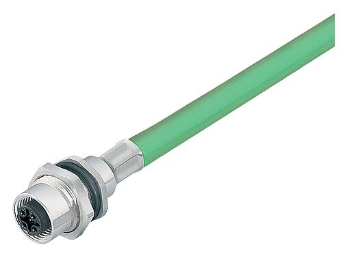 Illustration M12 Female panel mount connector, Contacts: 4, shielded, with cable assembled, IP67, UL, PG 9, Profinet, PUR, green, 2 x 2 x AWG 22, Rear mounting, 0.5 m