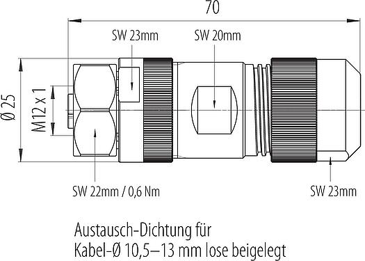 Maßzeichnung M12 Kabeldose, Polzahl: 4+FE, 8,0-13,0 mm, ungeschirmt, schraubklemm, IP67, M12x1,0, Edelstahl