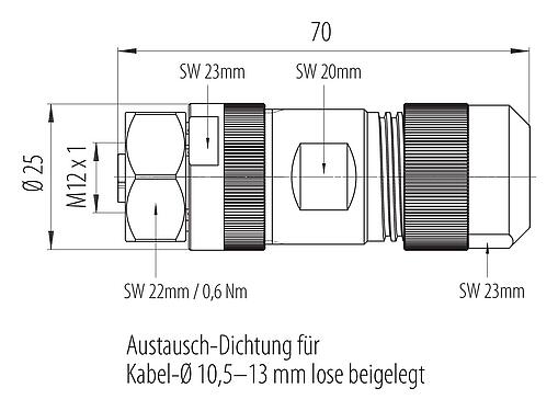 Maßzeichnung 99 0640 39 05 - M12 Kabeldose, Polzahl: 4+FE, 8,0-13,0 mm, ungeschirmt, schraubklemm, IP67, M12x1,0, Edelstahl