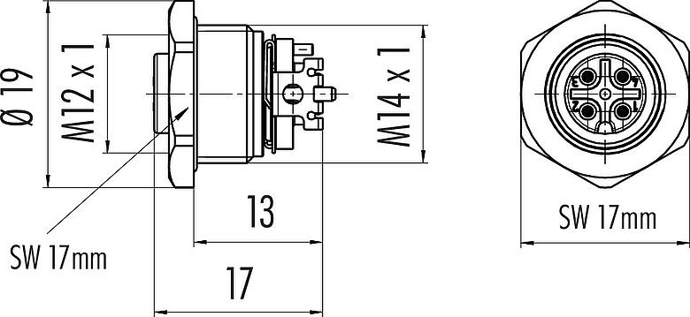 Dessin coté M12 Embase femelle, Contacts: 4, blindable, SMT, IP67, M14x1,0, Montage frontal