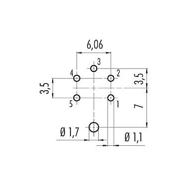 Conductor layout 09 0115 290 05 - M16 Male panel mount connector, Contacts: 5 (05-a), shieldable, THT, IP67, UL, front fastened