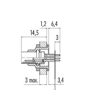 Scale drawing M9 Male panel mount connector, Contacts: 7, unshielded, THT, IP67, M12x0.5, Rear mounting, potted