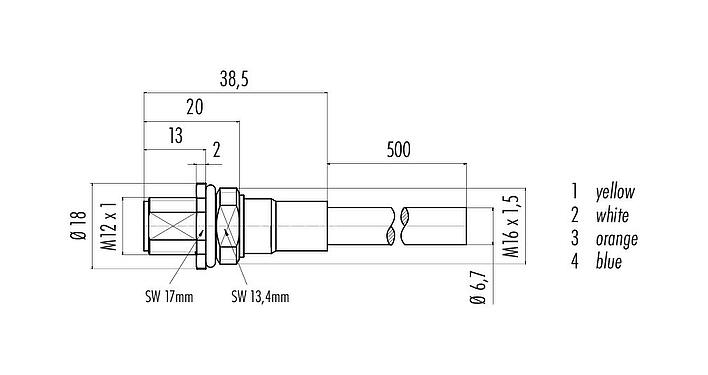 比例圖 M12 針頭法蘭座, : 4, 遮罩, 法蘭座帶電纜, IP67, UL, M16x1.5, Profinet, PUR, 綠色, 2x2xAWG 22, 板前安裝, 0.5m