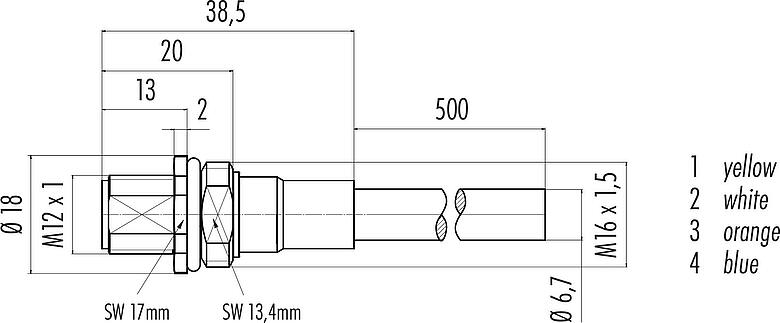 比例图 M12 针头法兰座, 极数: 4, 屏蔽, 法兰座带电缆, IP67, UL, M16x1.5, Profinet, PUR, 绿色, 2x2xAWG 22, 板前安装, 0.5m
