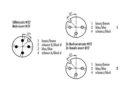 Disposition des contacts (Côté plug-in) 77 9827 3430 50003-0100 - M12 Duo connecteur d‘angle mâle - 2 connecteurs femelle M12x1, Contacts: 4/3, non blindé, surmoulé sur le câble, IP67, UL, PUR, noir, 3 x 0,34 mm², 1 m