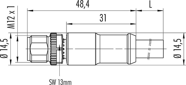 Méretarányos rajz M12 Kábelre szerelhető csatlakozó, : 4, árnyékolatlan, kábelre öntött, IP68, PUR, fekete, 4 x 1,50 mm², 2 m