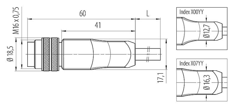 縮尺図 M16 オスコネクタケーブル, 極数: 12, 非シールド, モールドケーブル付き, IP67, PUR, 黒, 12x0.25mm², 5m
