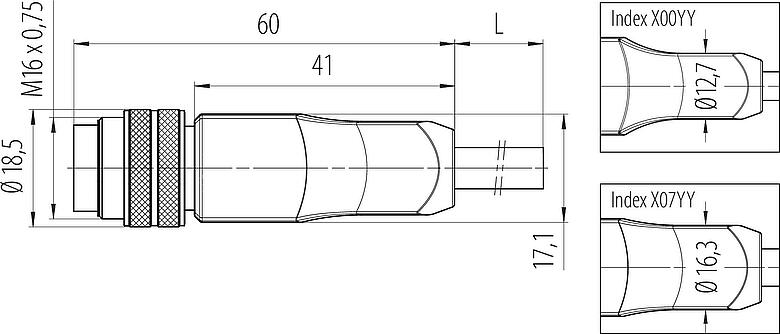 Масштабный чертеж M16 Кабельный штекер, Количество полюсов: 12, не экранированный, формовка на кабеле, IP67, PUR, черный, 12 x 0,25 мм², 2 м