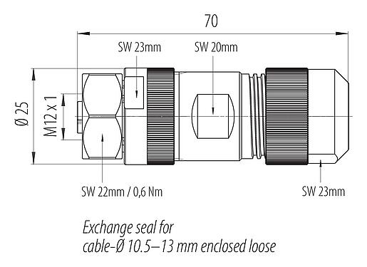 Bản vẽ tỷ lệ 99 0640 39 05 - M12 Ổ cắm cáp, Số lượng cực : 4+FE, 8,0-13,0mm, không có chống nhiễu, kẹp vít, IP67, M12x1,0, Tthép không gỉ