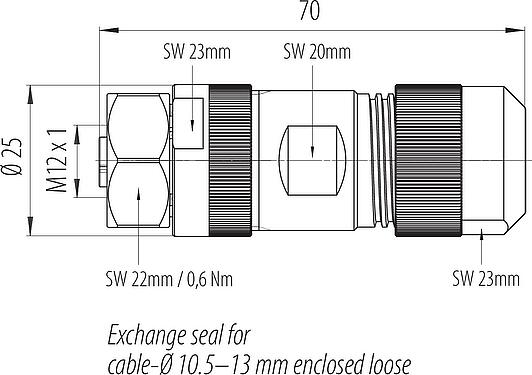 Mittakaavapiirustus M12 Kaapelirasia, Napojen määrä: 4+FE, 8,0-13,0 mm, suojaamaton, ruuviliitin, IP67, M12x1,0, Ruostumaton teräs