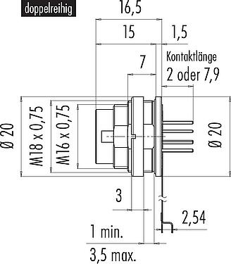 Maßzeichnung M16 Flanschstecker, Polzahl: 12 (12-a), ungeschirmt, THT, IP67, M18x0,75, Rückwandmontage