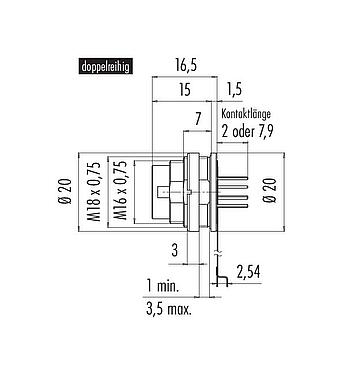 Maßzeichnung M16 Flanschstecker, Polzahl: 12 (12-a), ungeschirmt, THT, IP67, M18x0,75, Rückwandmontage