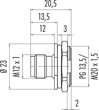 Scale drawing M12 Male panel mount connector, Contacts: 5, unshielded, solder, IP67, UL 2238, M20x1.5, Front mounting