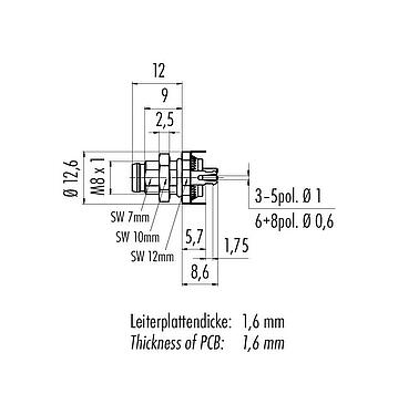 Scale drawing M8 Male panel mount connector, Contacts: 3, shieldable, THT, IP67, UL 2238, M8x1.0, Rear mounting