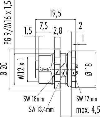 스케일 드로잉 M12 플랜지 리셉터클, 콘택트 렌즈: 5, 차폐되지 않음, 솔더, IP68, UL 2238, M16x1.5, 후면 월 마운팅
