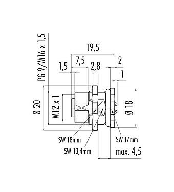 Mittakaavapiirustus M12 Laippapistorasia, Napojen määrä: 8, suojaamaton, juotos, IP68, UL 2238, PG 9, Kiinnitys takaseinään