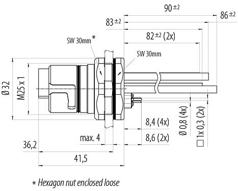 Scale drawing B23 Male panel mount connector, Contacts: 9 (4+PE + 4), THT, IP65/IP67, Rear mounting, ENP: Power pin / Data socket