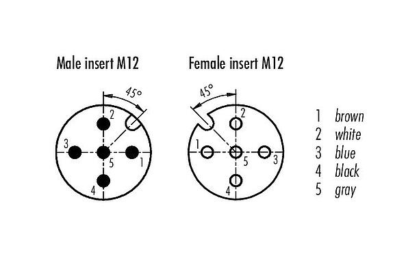 Disposition des contacts (Côté plug-in) M12 Câble de raccordement connecteur mâle - connecteur femelle, Contacts: 5, blindé, surmoulé sur le câble, IP67, UL 2238, PUR, noir, 5 x 0,25 mm², 1 m