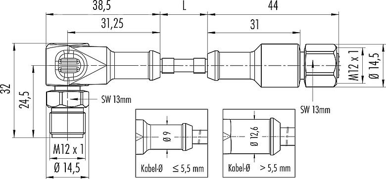 Maßzeichnung M12 Verbindungsleitung Winkelstecker - Kabeldose, Polzahl: 12, ungeschirmt, am Kabel angespritzt, IP67/IP69K, UL 2238, Ecolab, PVC, grau, 12 x 0,25 mm², Lebensmittelindustrie, Edelstahl, 5 m