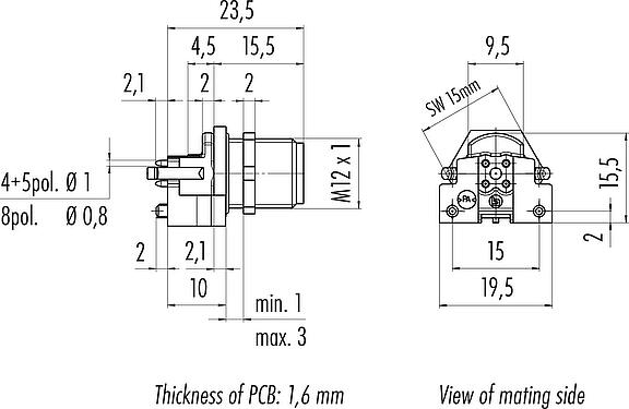 Scale drawing M12 Male panel mount connector, Contacts: 4, shieldable, THR, IP68, UL 2238, M12x1.0, Rear mounting, for PCB assembly
