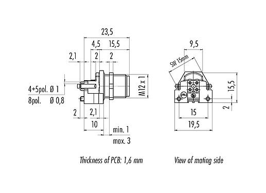 Méretarányos rajz M12 panelre szerelhető csatlakozó, : 4, árnyékolatlan, THR, IP68, UL 2238, M12x1,0, hátsó panel felszerelés, PCB szereléshez, kétrészes kialakítás