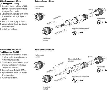 Montageanleitung M12 Kabelstecker, Polzahl: 4, 5,0-8,0 mm, schirmbar, schraubklemm, IP67, UL 2238, Irisfeder