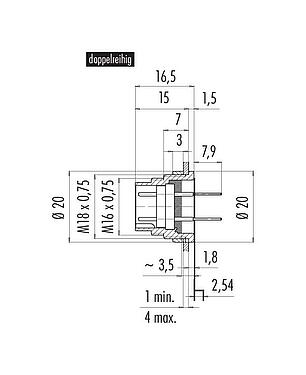 Maßzeichnung M16 Flanschstecker, Polzahl: 12 (12-a), ungeschirmt, THT, IP40, M18x0,75, Rückwandmontage
