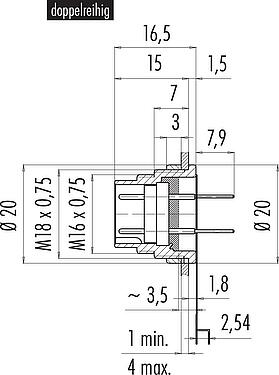 Maßzeichnung M16 Flanschstecker, Polzahl: 12 (12-a), ungeschirmt, THT, IP40, M18x0,75, Rückwandmontage