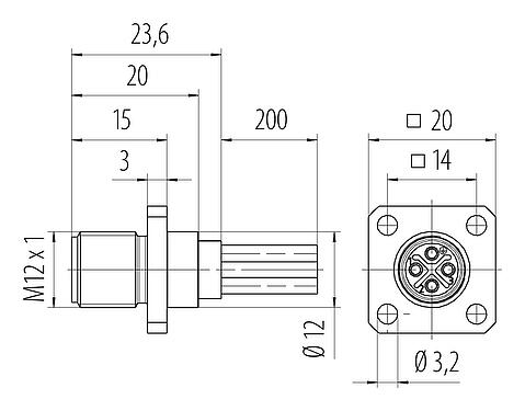 Dessin coté M12 Embase mâle, carré, Contacts: 4, non blindé, fils, IP40, UL 2238, M3 (4x), Montage frontal, coulé