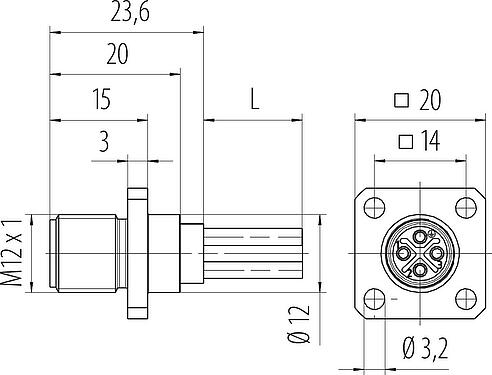Bản vẽ tỷ lệ M12 Phích cắm gắn bảng, bốn cạnh, Số lượng cực : 4, không có chống nhiễu, dây đơn, IP40, UL 2238, M3 (4x), Gắn phía trước, túp lều