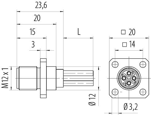 Dessin coté M12 Embase mâle, carré, Contacts: 4, non blindé, fils, IP40, UL 2238, M3 (4x), Montage frontal, coulé