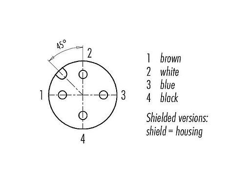 Contact arrangement (Plug-in side) M12 Female angled connector, Contacts: 4, shielded, moulded on the cable, IP67, UL 2238, PUR, black, 4 x 0.34 mm², 5 m