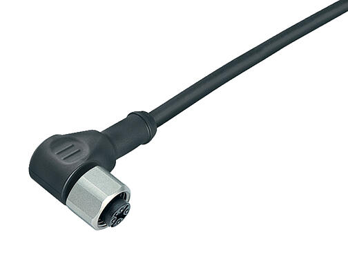 Illustration 77 3734 0000 50004-0200 - M12 Female angled connector, Contacts: 4, unshielded, moulded on the cable, IP69K, UL, PUR, black, 4 x 0.34 mm², stainless steel, 2 m
