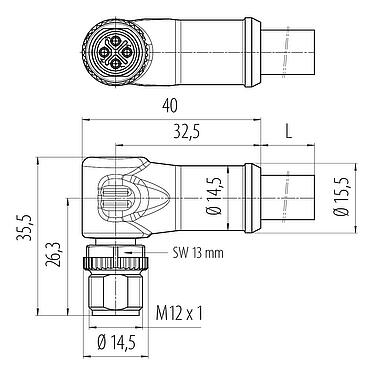 Dessin coté M12 Connecteur mâle coudé, Contacts: 3+PE, non blindé, surmoulé sur le câble, IP68, UL, PUR, noir, 4 x 1,50 mm², 5 m