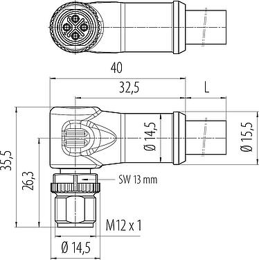 Dessin coté M12 Connecteur mâle coudé, Contacts: 3+PE, non blindé, surmoulé sur le câble, IP68, UL, PUR, noir, 4 x 1,50 mm², 2 m