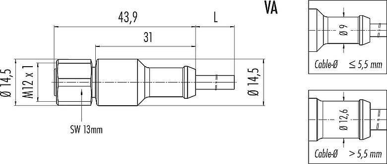 Disegno in scala M12 Connettore cavo femmina, Numero poli: 8, non schermato, stampato sul cavo, IP68/IP69K, UL 2238, PUR, nero, 8 x 0,25 mm², Acciaio inox, 2 m