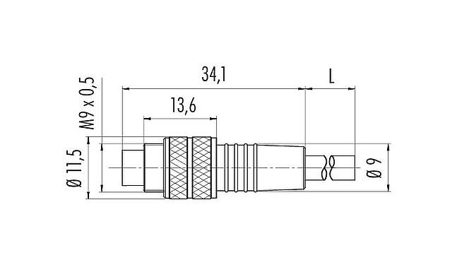 縮尺図 M9 オスコネクタケーブル, 極数: 8, 非シールド, モールドケーブル付き, IP67, PUR, 黒, 8x0.14mm², 2m