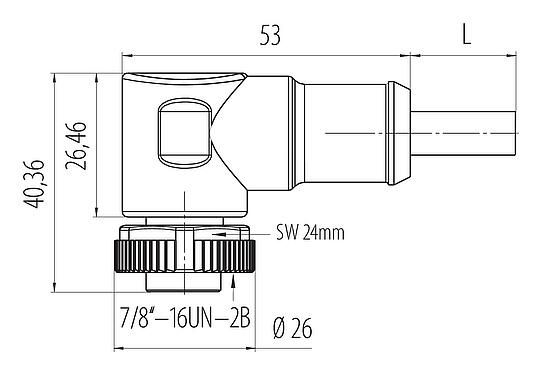 Dessin coté 7/8" Connecteur femelle coudé, Contacts: 3, non blindé, surmoulé sur le câble, IP68, UL 2238, PUR, noir, 3 x 1,50 mm², 2 m