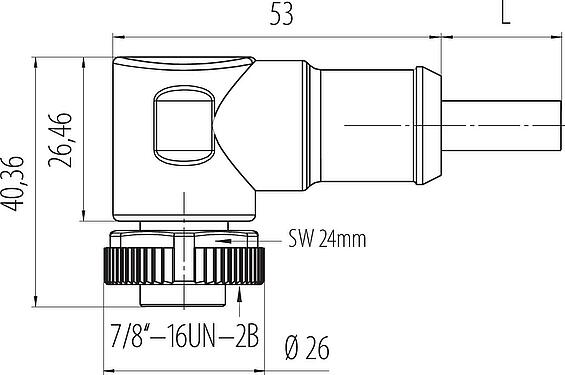 Schaaltekening 7/8" Female haakse connector, aantal polen: 3, onafgeschermd, aan de kabel aangegoten, IP68, UL 2238, PUR, zwart, 3 x 1,50 mm², 10 m