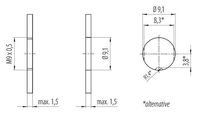Muestra de montaje M9 Enchufe de brida, Número de contactos: 2, sin blindaje, THT, IP40, M9x0,5, Montaje en pared