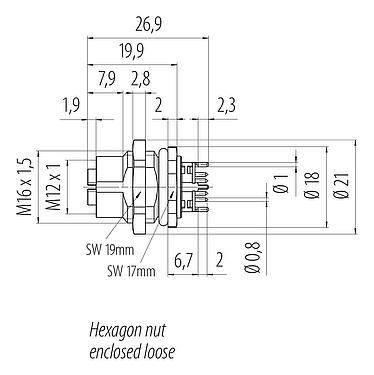 Méretarányos rajz M12 panelre szerelhető foglalat, : 8, árnyékolható, THT, IP67, UL, M16x1,5, hátsó panel felszerelés