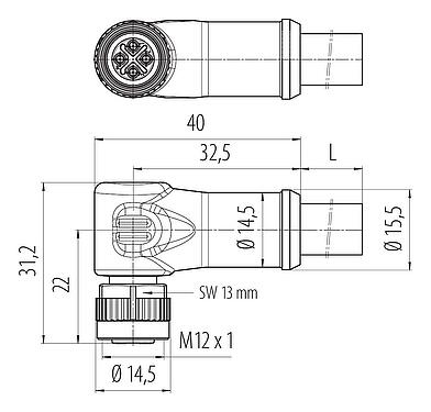 Dessin coté M12 Connecteur femelle coudé, Contacts: 3+PE, non blindé, surmoulé sur le câble, IP68, UL, PUR, noir, 4 x 1,50 mm², 5 m