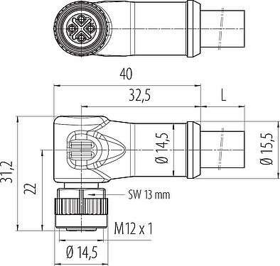 Mittakaavapiirustus M12 Kulmarasia, Napojen määrä: 3+PE, suojaamaton, suihkutettu kaapelille, IP68, UL, PUR, musta, 4 x 1,50 mm², 5 m