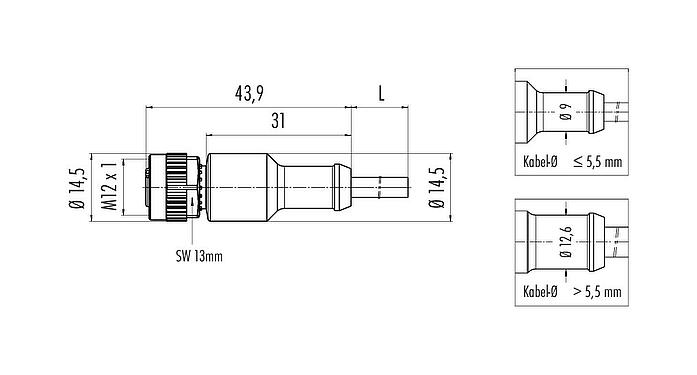 Maßzeichnung M12 Kabeldose, Polzahl: 8, ungeschirmt, am Kabel angespritzt, IP68/IP69K, UL 2238, PUR, schwarz, 8 x 0,25 mm², 5 m